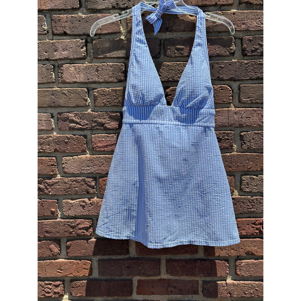 Unbranded Women Medium Swim Dress Blue White Seersucker Halter Coastal Preppy